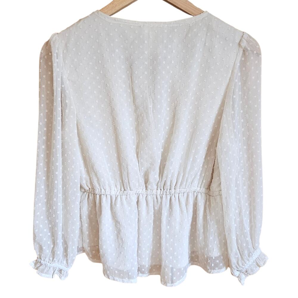 Japna Medium Cream Ivory Swiss Dot Crochet Lace Peplum Long Sleeve Blouse - Picture 4 of 4